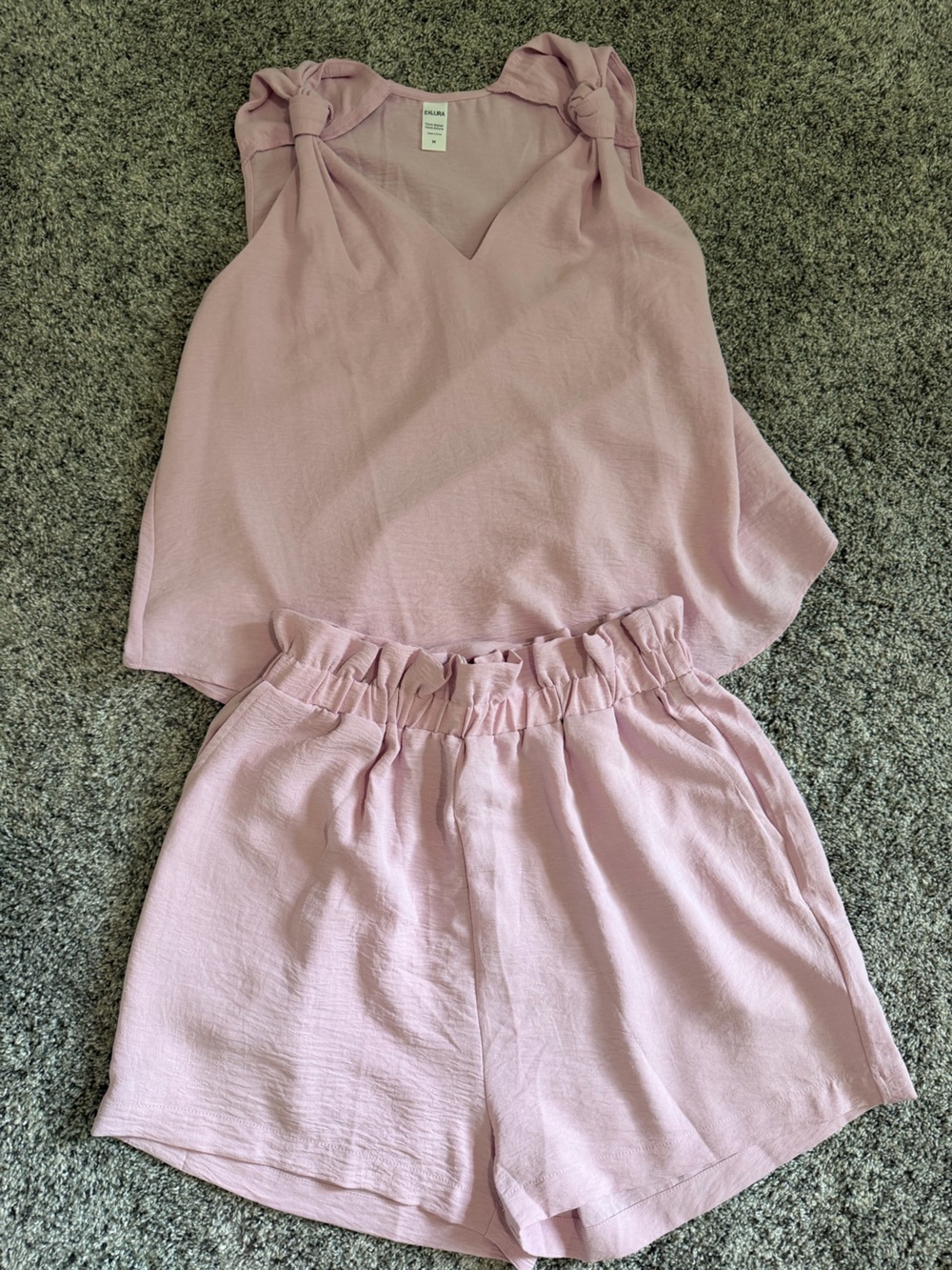 Light Pink Two-Piece Tie-Shoulder Top and Elastic Waist Shorts Set